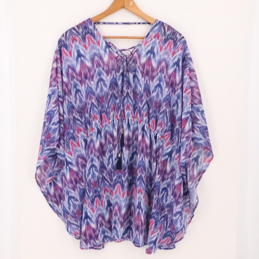 Tommy Bahama Ikat Kaftan Swim Coverup Womens Size S/M Purple Boho Tassel Resort